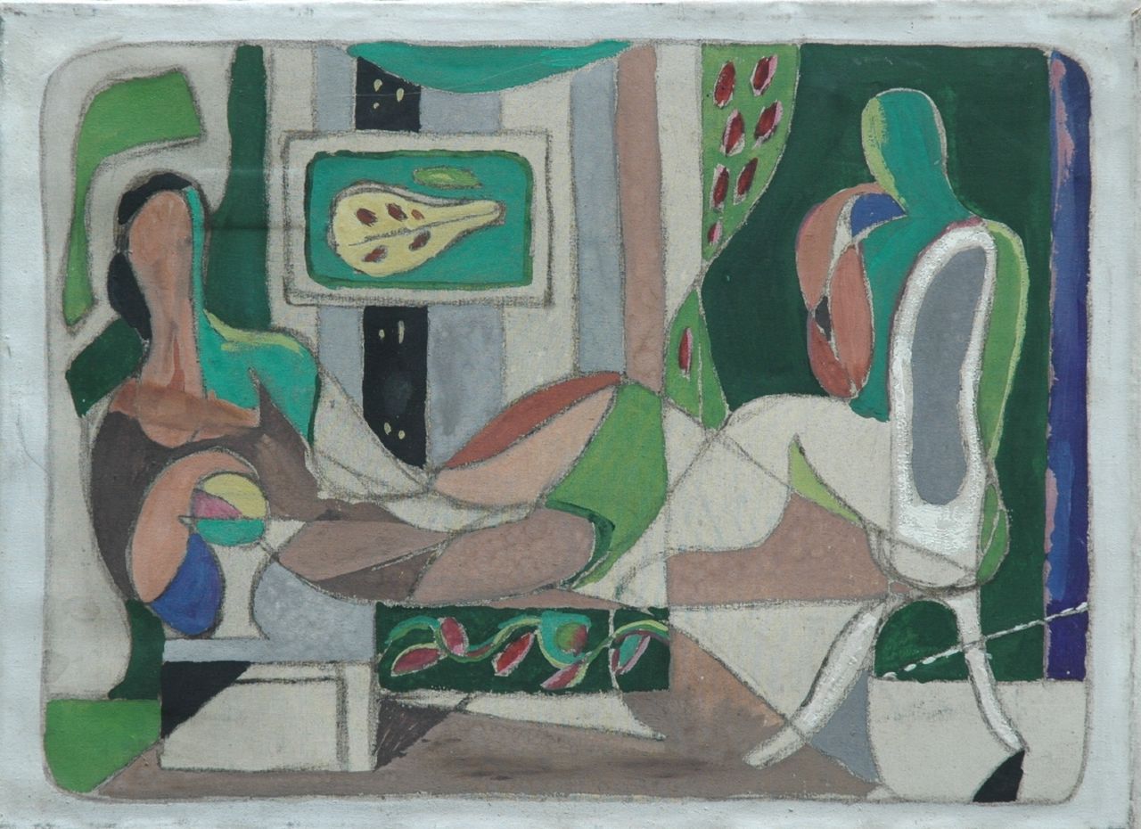 Voskuyl J.  | Jan 'Jeroen' Voskuyl, Interior with two figures, Gouache auf Leinwand 34,2 x 47,2 cm, signed on the reverse und dated 1942 on the reverse