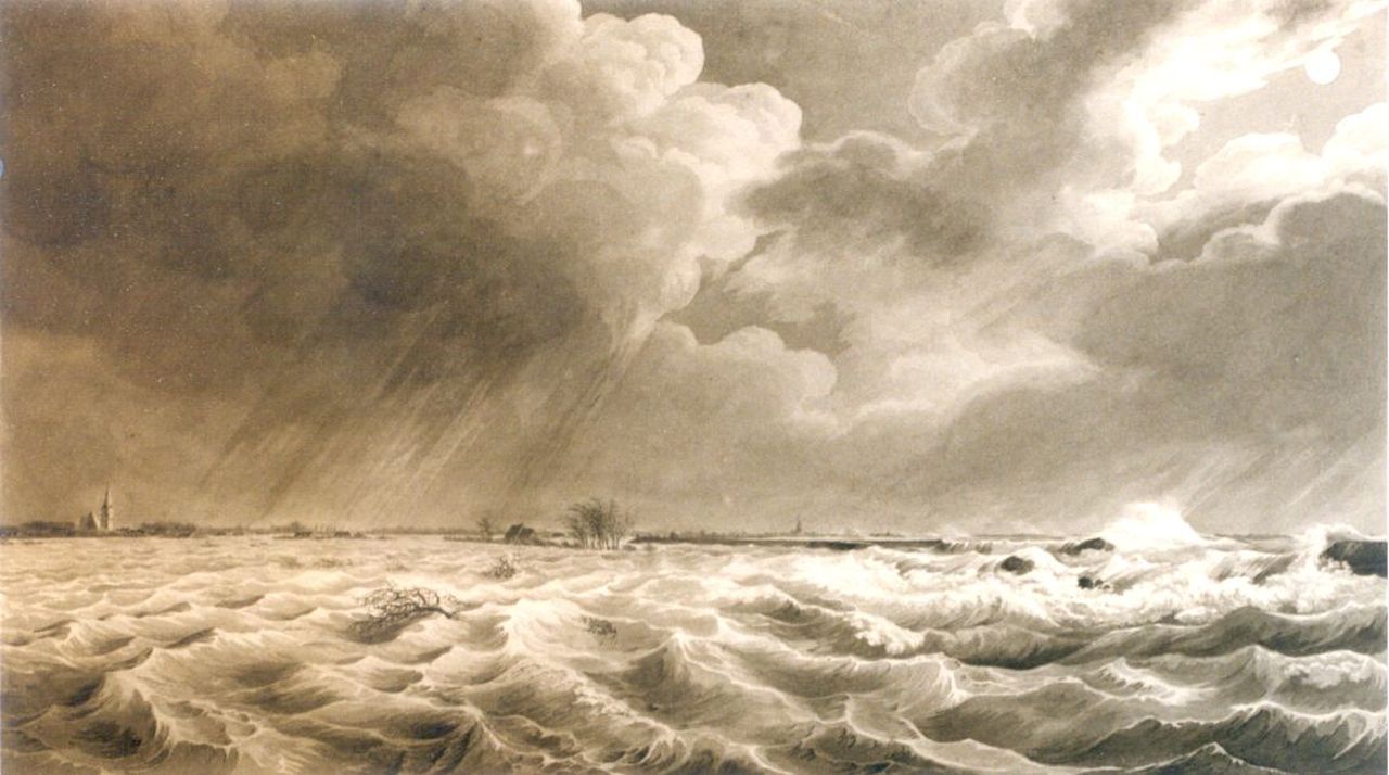 Koekkoek J.H.  | Johannes Hermanus Koekkoek, The January 14th and 15th floods in Zeeland, 1808, Feder und  gewaschene Tinte auf Papier 22,5 x 38,3 cm