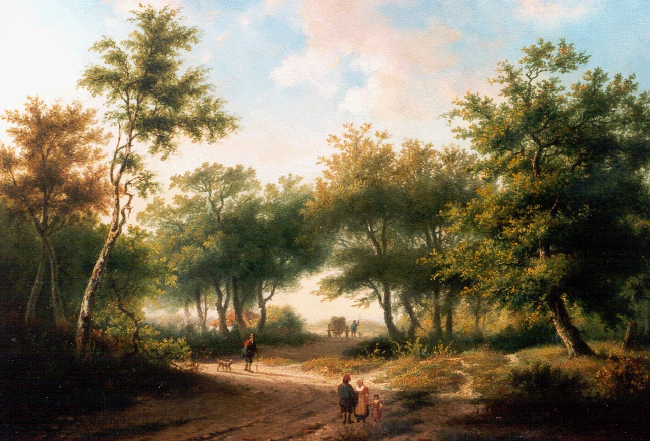 Koekkoek P.H.  | Pieter Hendrik 'H.P.' Koekkoek, Figuren auf einem Waldweg, Öl auf Holz 34,7 x 48,7 cm, Unterzeichnet l.u.