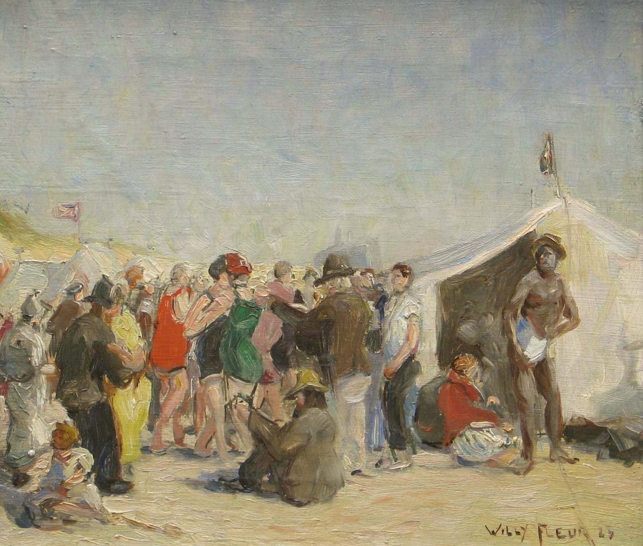 Fleur J.W.  | Johan Willem 'Willy' Fleur, A party at the beach, Öl auf Leinwand 30,1 x 35,2 cm, signed l.r. und dated '23