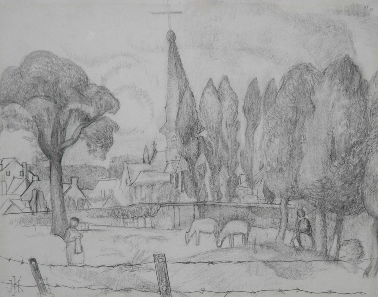 Kruyder H.J.  | 'Herman' Justus Kruyder, Limburgische Landschaft mit Kirchturm, Bleistift auf Papier 26,0 x 32,8 cm, Unterzeichnet l.u. mit Monogramm und zu datieren um 1923-1927