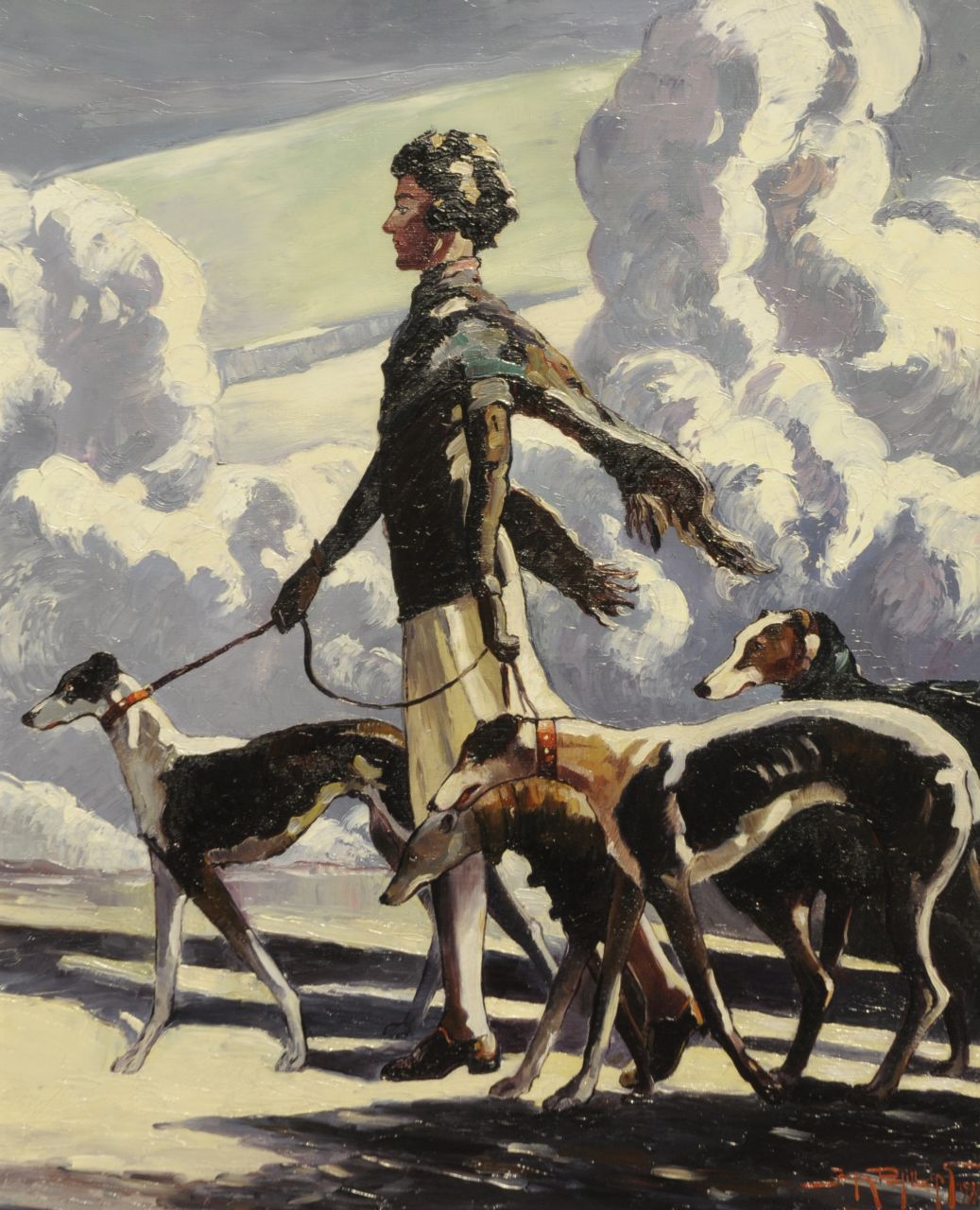 John Phillips | Spaziergang mit den Hunden, Öl auf Leinwand, 50,1 x 40,2 cm, Unterzeichnet r.u. und datiert 1939