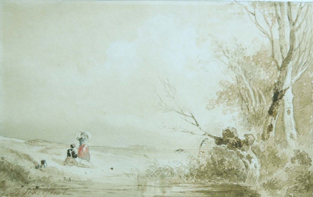 Schelfhout A.  | Andreas Schelfhout, Landvolk bij een ven, Bleistift, Sepia und Aquarell auf Papier 14,0 x 22,2 cm, gesigneerd linksonder