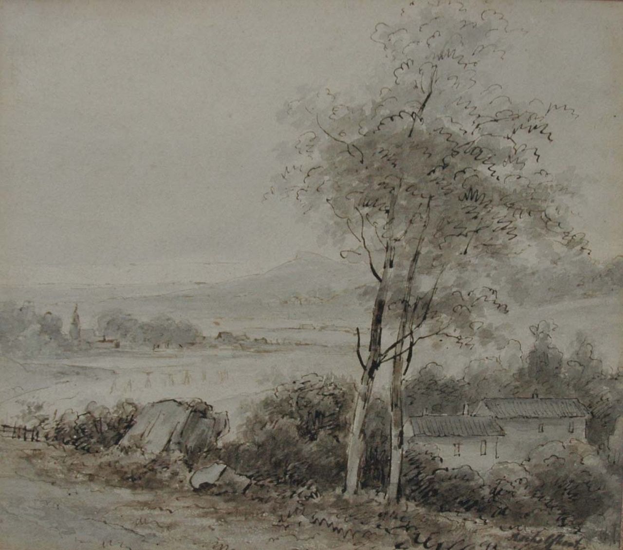 Schelfhout A.  | Andreas Schelfhout, A panoramic landscape, Feder und Tinte auf Papier 18,6 x 21,2 cm, signed l.r.
