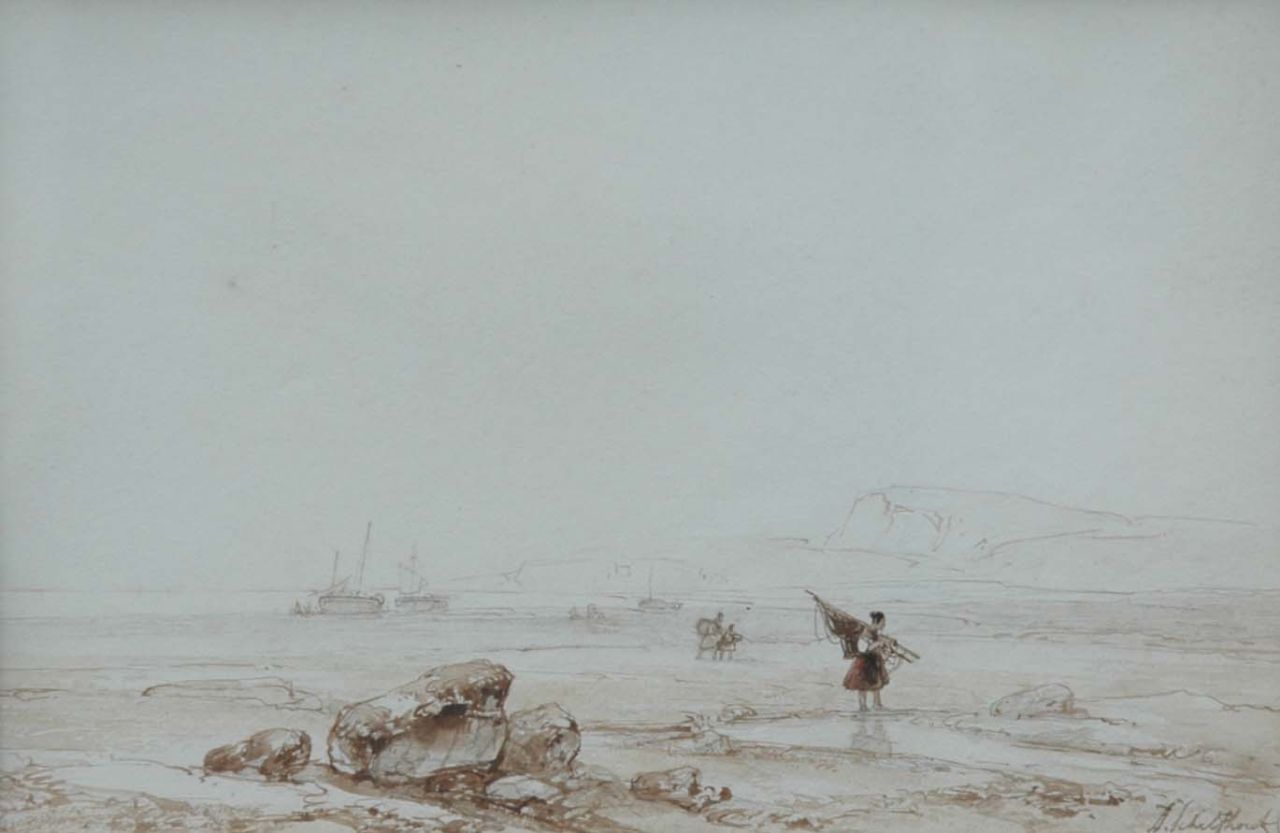 Schelfhout A.  | Andreas Schelfhout, Low tide, North France, Bleistift, Pinsel in brauner Tinte und Aquarell auf Papier 16,5 x 24,0 cm, signed l.r.