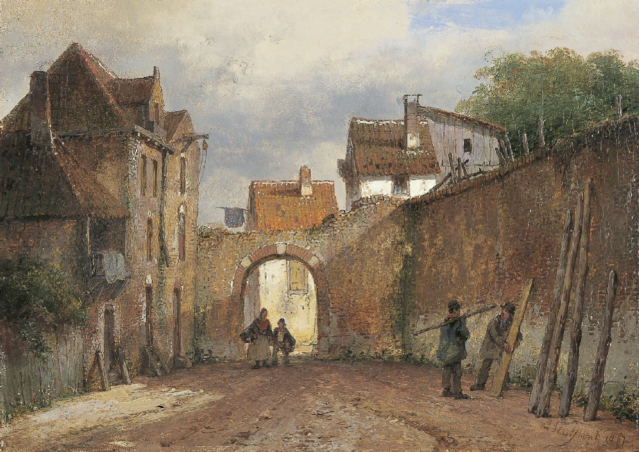 Schelfhout A.  | Andreas Schelfhout, Figures in a town, Öl auf Holz 20,2 x 28,5 cm, signed l.r. und dated 1867