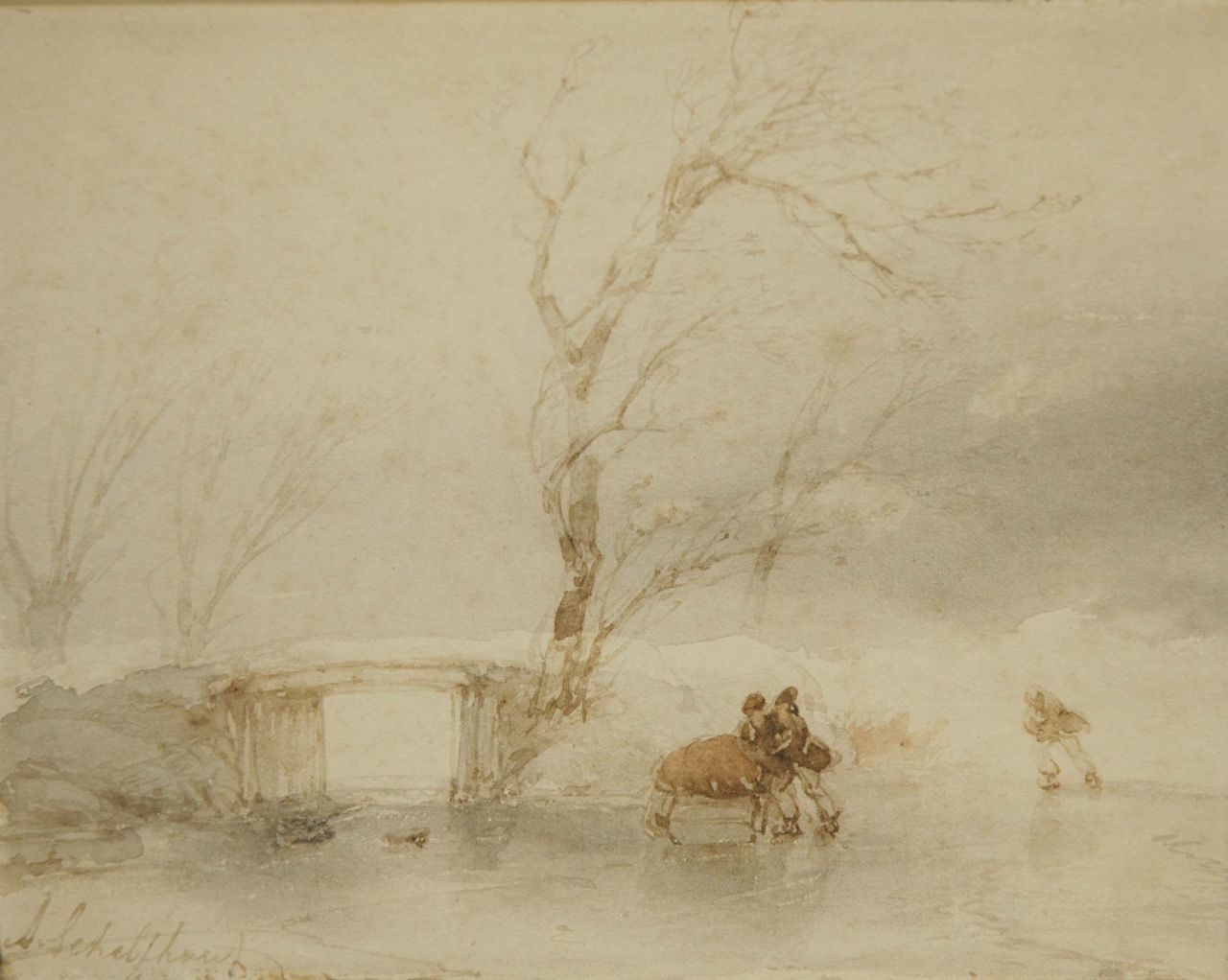 Schelfhout A.  | Andreas Schelfhout, A winter landscape with figures on the ice, Pinsel in grauer Tinte und Aquarell auf Papier 14,5 x 18,5 cm, signed l.l.