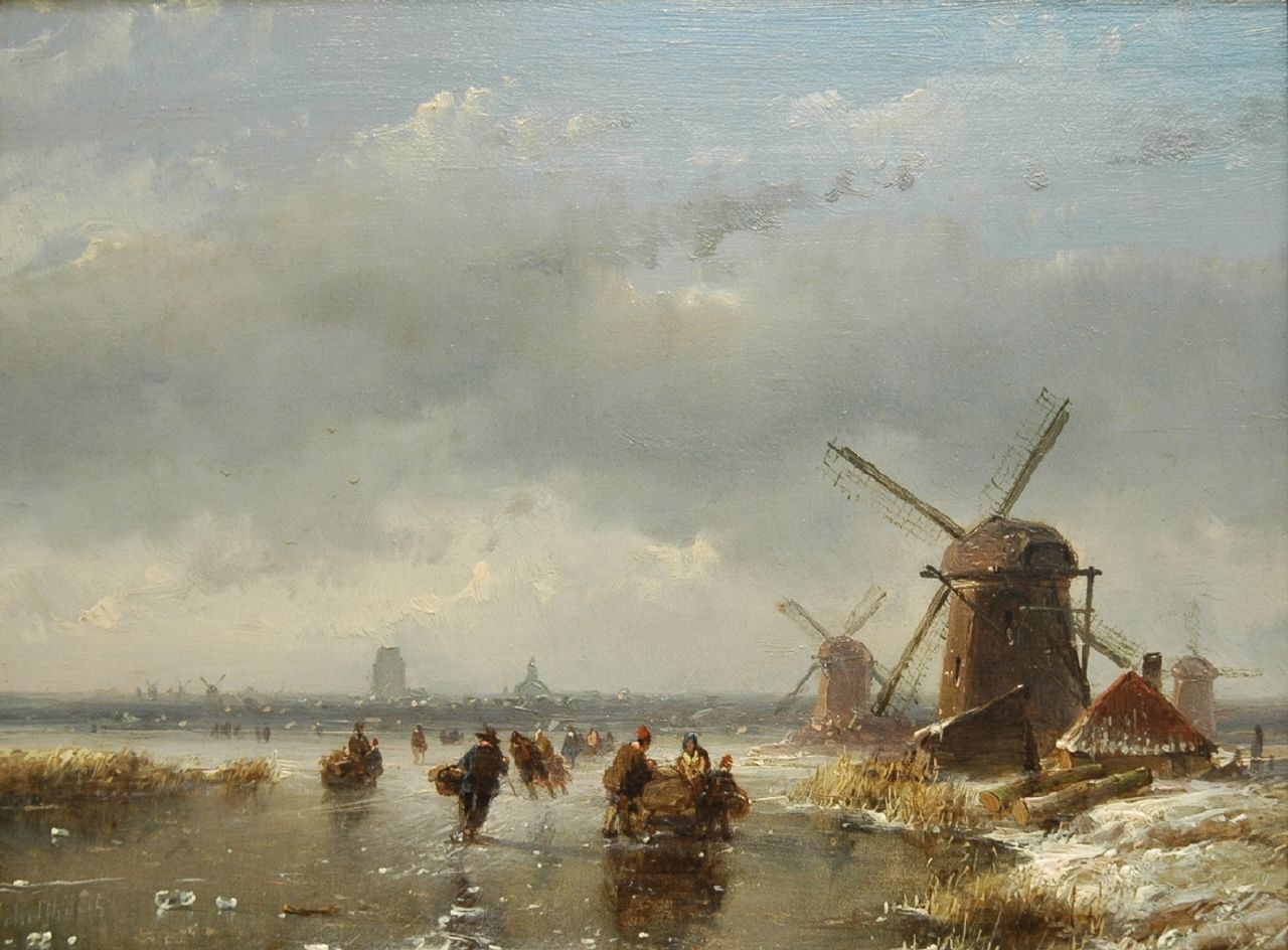 Schelfhout A.  | Andreas Schelfhout, Skaters and a sledge on a frozen waterway, Öl auf Holz 16,9 x 22,4 cm, signed l.l.