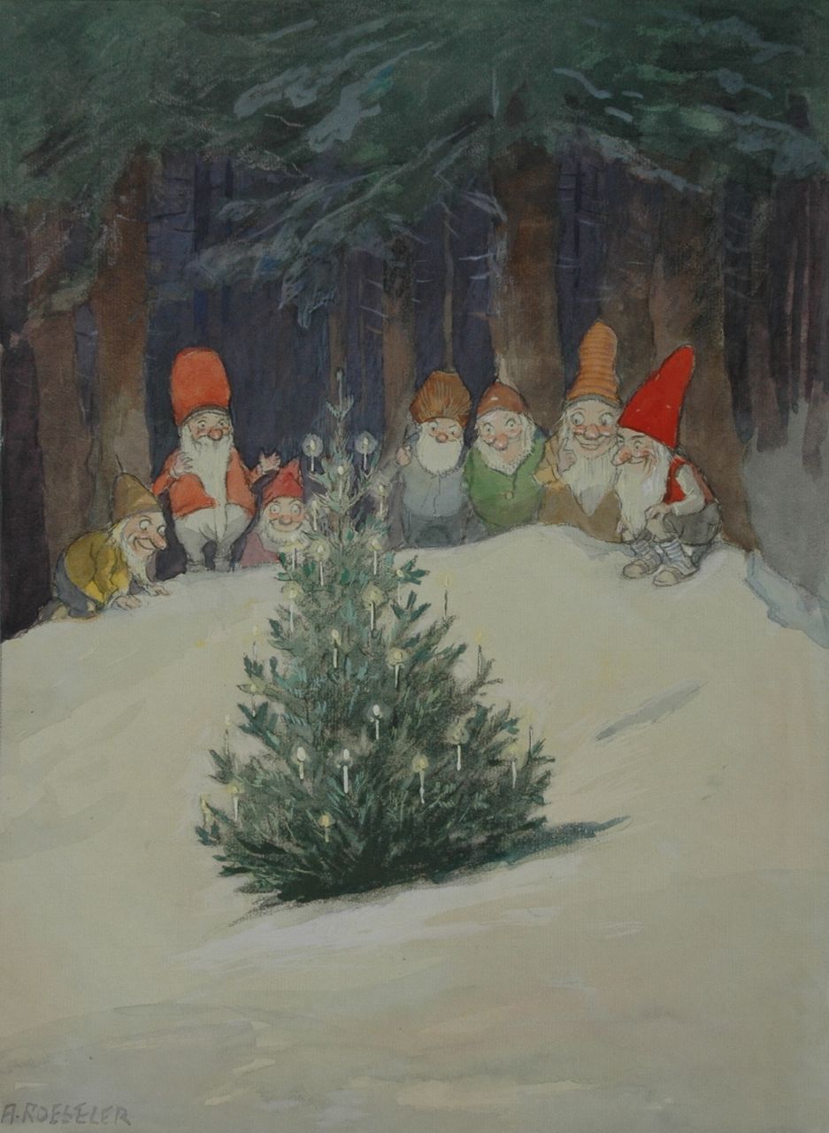 Roeseler A.  | August Roeseler, The seven dwarfs around a Christmas tree, Schwarze Kreide und Aquarell auf Papier 42,5 x 31,7 cm, signed l.l.