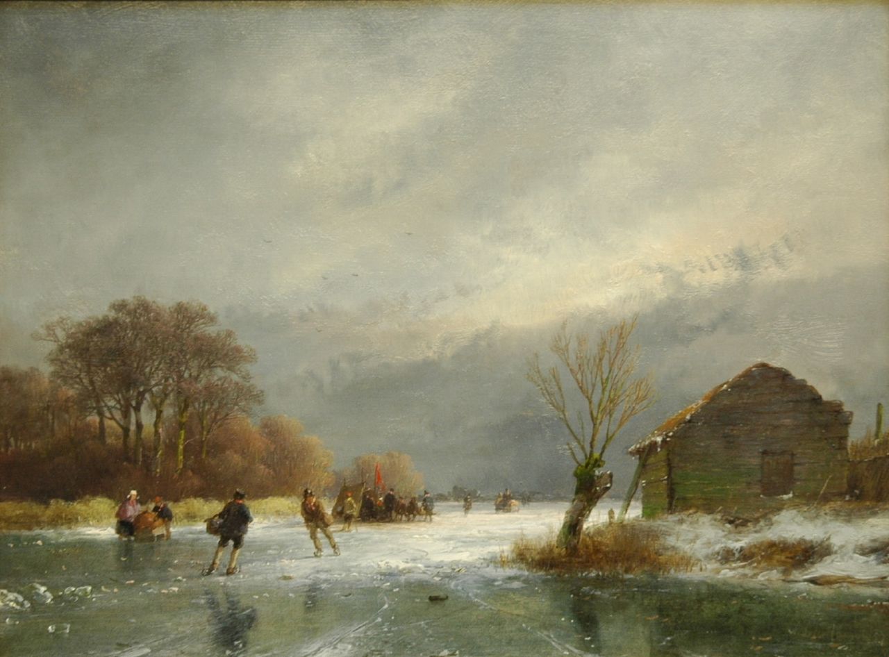 Schelfhout A.  | Andreas Schelfhout, A frozen river with skaters and a 'koek-en-zopie', Öl auf Holz 21,8 x 29,0 cm, signed l.r. und dated '57