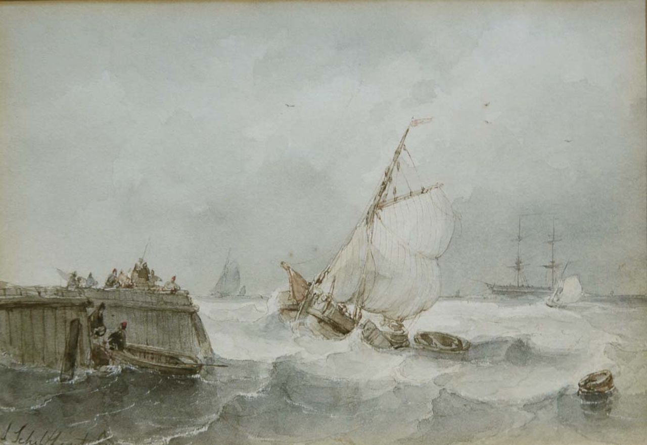 Schelfhout A.  | Andreas Schelfhout, Flatboat by a jetty, Pinsel in brauner und grauer Tinte und Aquarell auf Papier 12,0 x 16,8 cm, signed l.l.