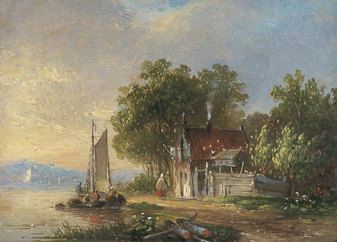 Stok J. van der | Jacobus van der Stok, Moored boat in a river landscape, Öl auf Holz 8,5 x 11,9 cm