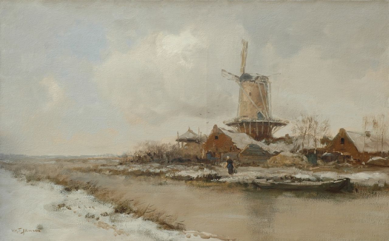 Jansen W.G.F.  | 'Willem' George Frederik Jansen, A tower mill in a polder landscape, Öl auf Leinwand 63,8 x 101,7 cm, signed l.l.