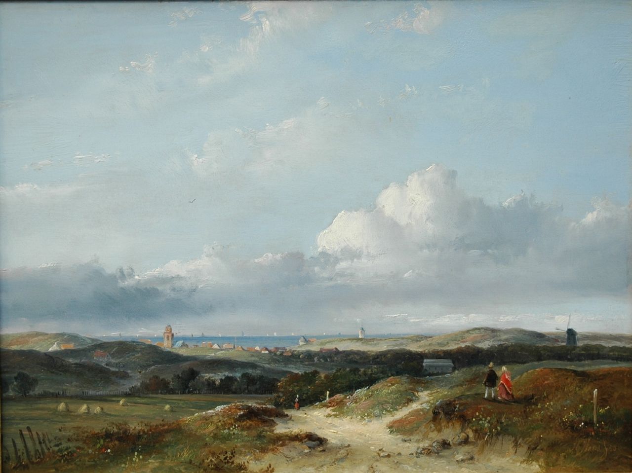 Hans J.G.  | Josephus Gerardus Hans, A panoramic dune landscape with 'Katwijk aan Zee' in the distance, Öl auf Holz 25,1 x 33,5 cm, signed l.r. und dated '50