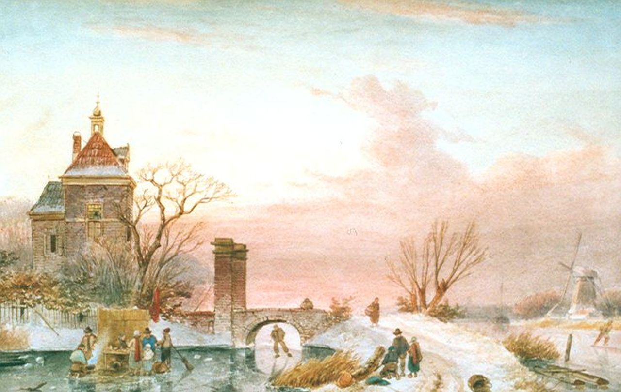 Leickert C.H.J.  | 'Charles' Henri Joseph Leickert, Skaters on a frozen river by a tower, Aquarell auf Papier 30,8 x 48,8 cm, signed l.r.