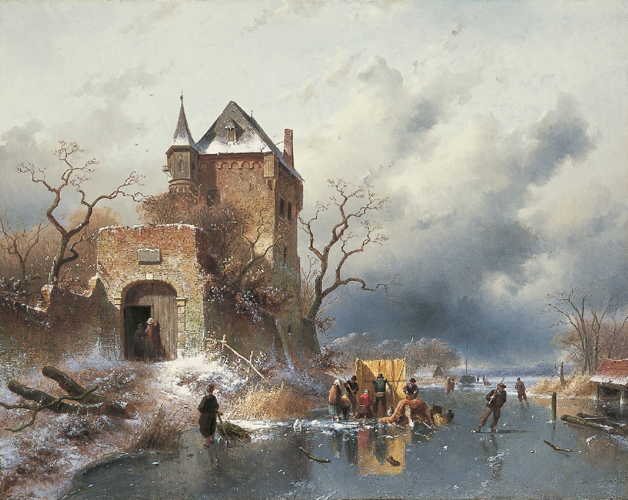 Leickert C.H.J.  | 'Charles' Henri Joseph Leickert, A winter landscape with figures on the ice, Öl auf Leinwand 58,7 x 73,3 cm, signed l.r. und dated '63