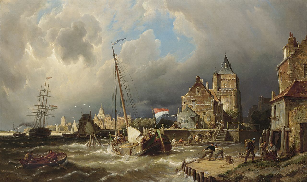 Dommershuijzen P.C.  | Pieter Cornelis Dommershuijzen, The dock entrance of Dordrecht, Öl auf Leinwand 75,3 x 127,0 cm, signed l.l. und dated 1885
