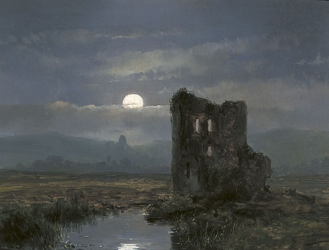 Schelfhout A.  | Andreas Schelfhout, A ruin in a moonlit landscape, Öl auf Holz 17,3 x 22,0 cm, dated 1854 on the reverse
