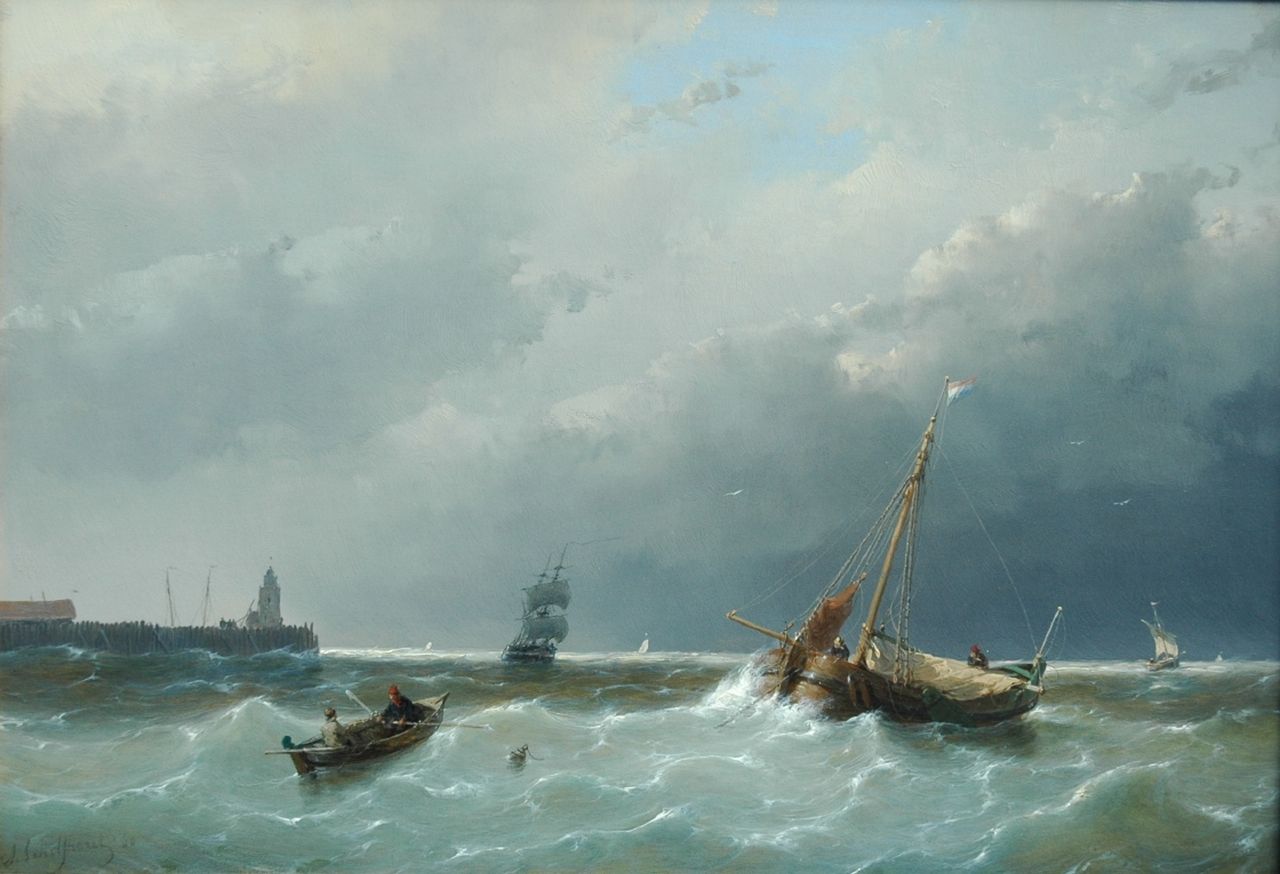 Schelfhout A.  | Andreas Schelfhout, Shipping in stormy waters, Öl auf Holz 30,6 x 44,1 cm, signed l.l. und dated '60