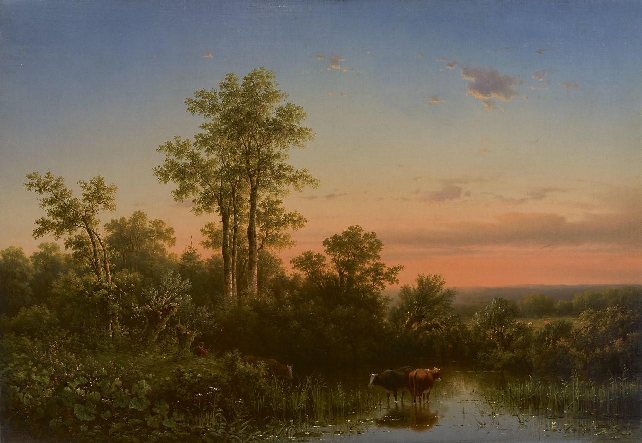 Jacobus Sörensen | Sonnenuntergang mit trinkendem Vieh, Öl auf Leinwand, 69,1 x 99,8 cm, Unterzeichnet l.u. und datiert 1855