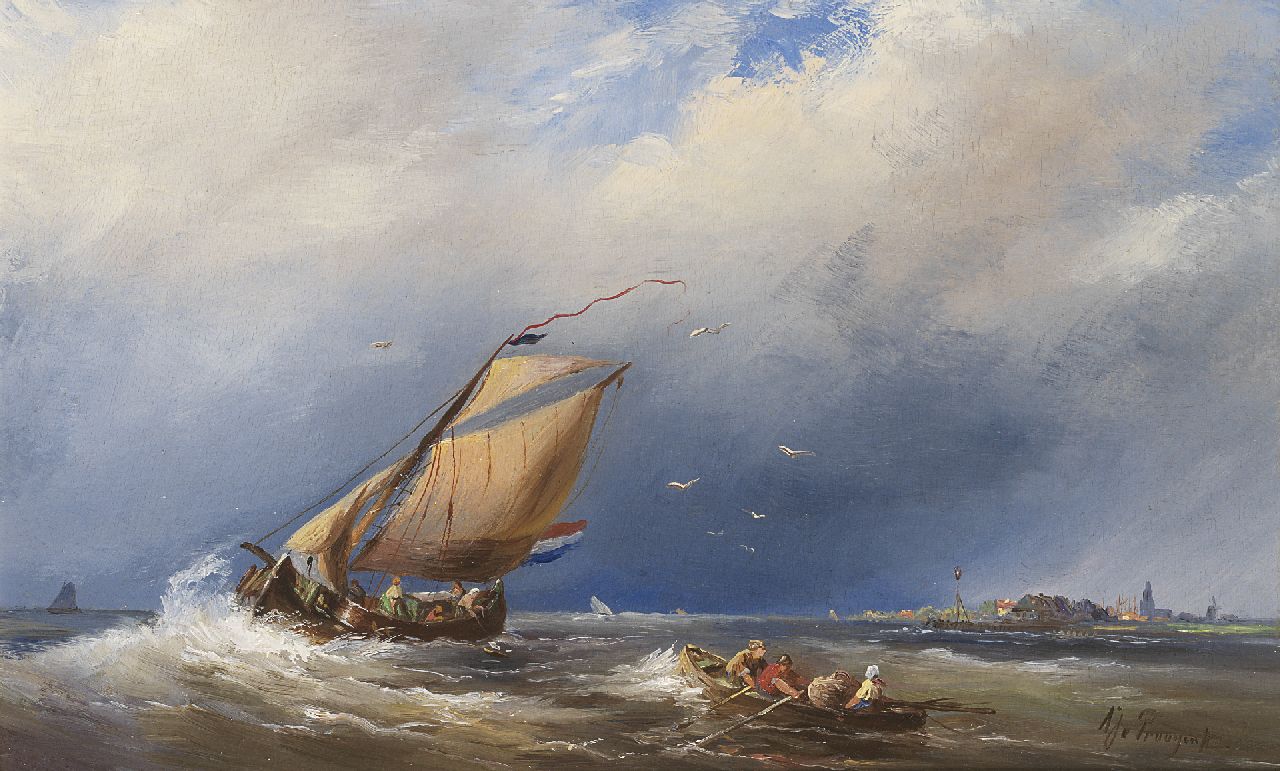 Prooijen A.J. van | Albert Jurardus van Prooijen, Shipping in choppy waters, Öl auf Holz 29,5 x 47,5 cm, signed l.r.