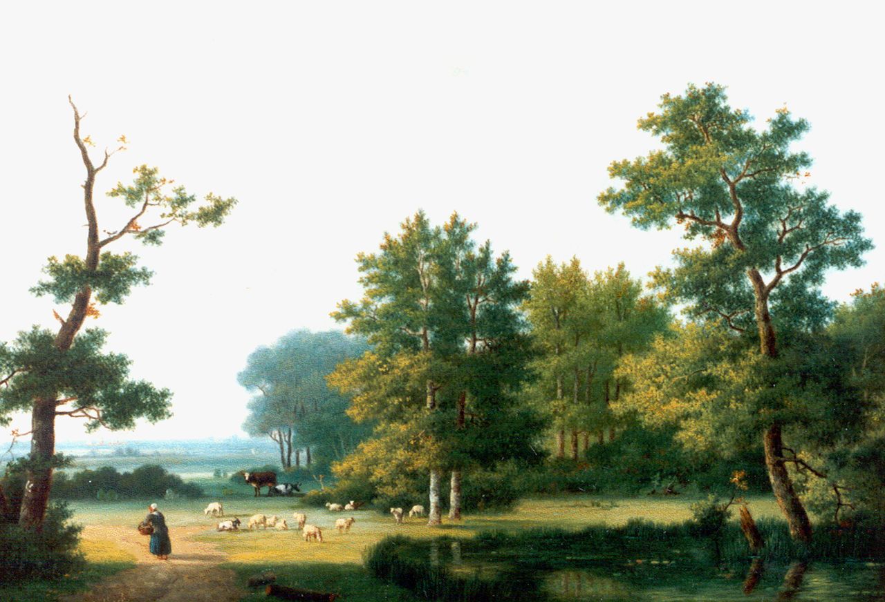 Koekkoek P.H.  | Pieter Hendrik 'H.P.' Koekkoek, Landschaft mit Bäuerin und Vieh, Öl auf Holz 20,3 x 28,3 cm, Unterzeichnet l.u.