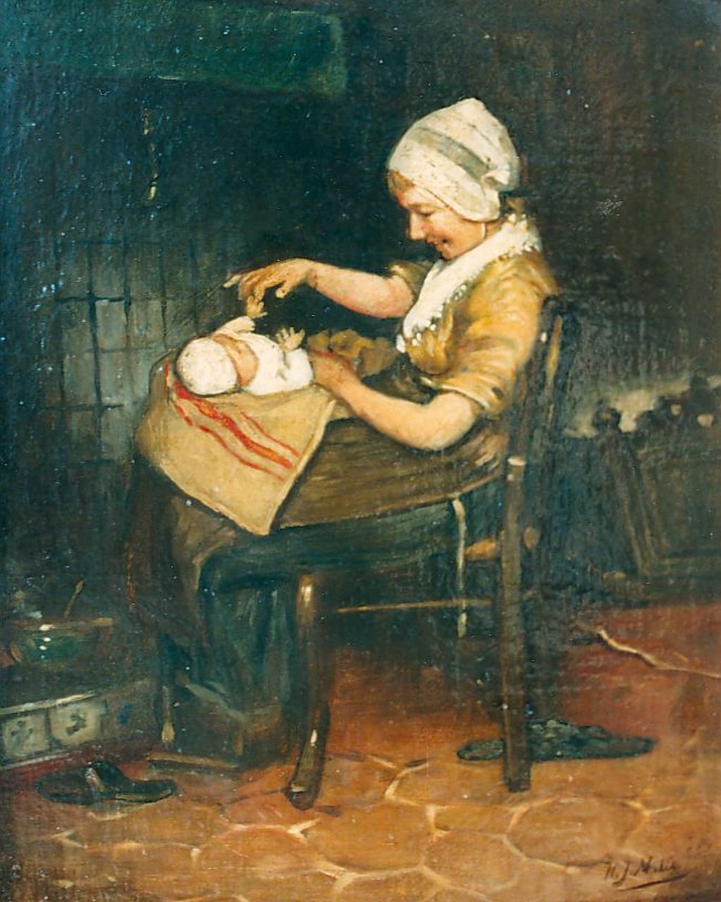Mélis H.J.  | Henricus Joannes Mélis, The baby-sit, Öl auf Leinwand 34,5 x 28,5 cm, signed l.l.