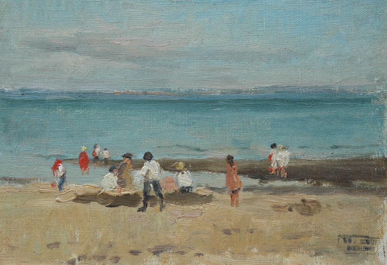 Schütz W.J.  | Willem Johannes Schütz, Children playing on the beach, Öl auf Leinwand 18,0 x 25,7 cm