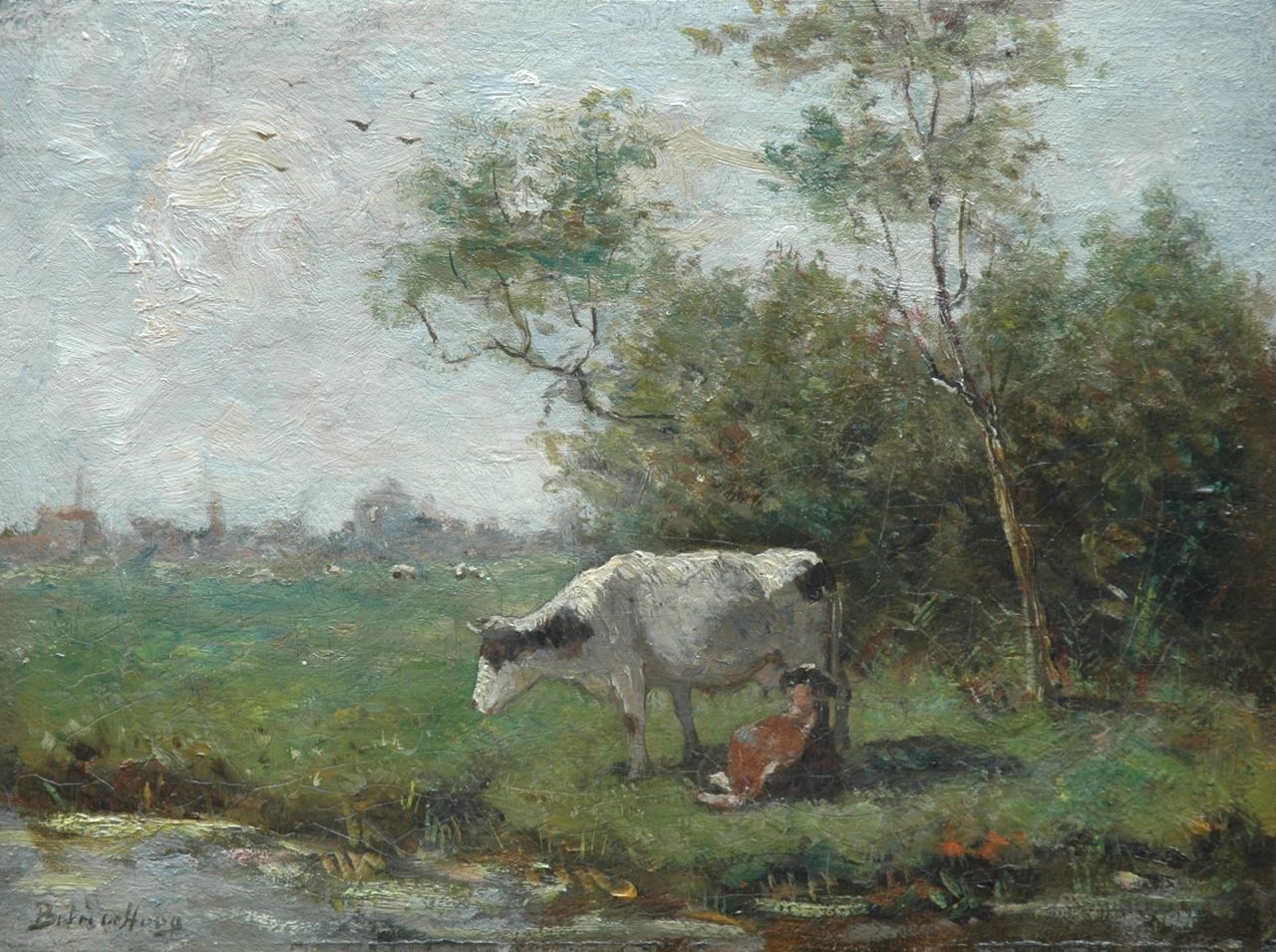 Hoog J.B. de | Johan 'Bernard' de Hoog, Cow and calf in a meadow, Öl auf Leinwand 25,8 x 34,4 cm, signed l.l.
