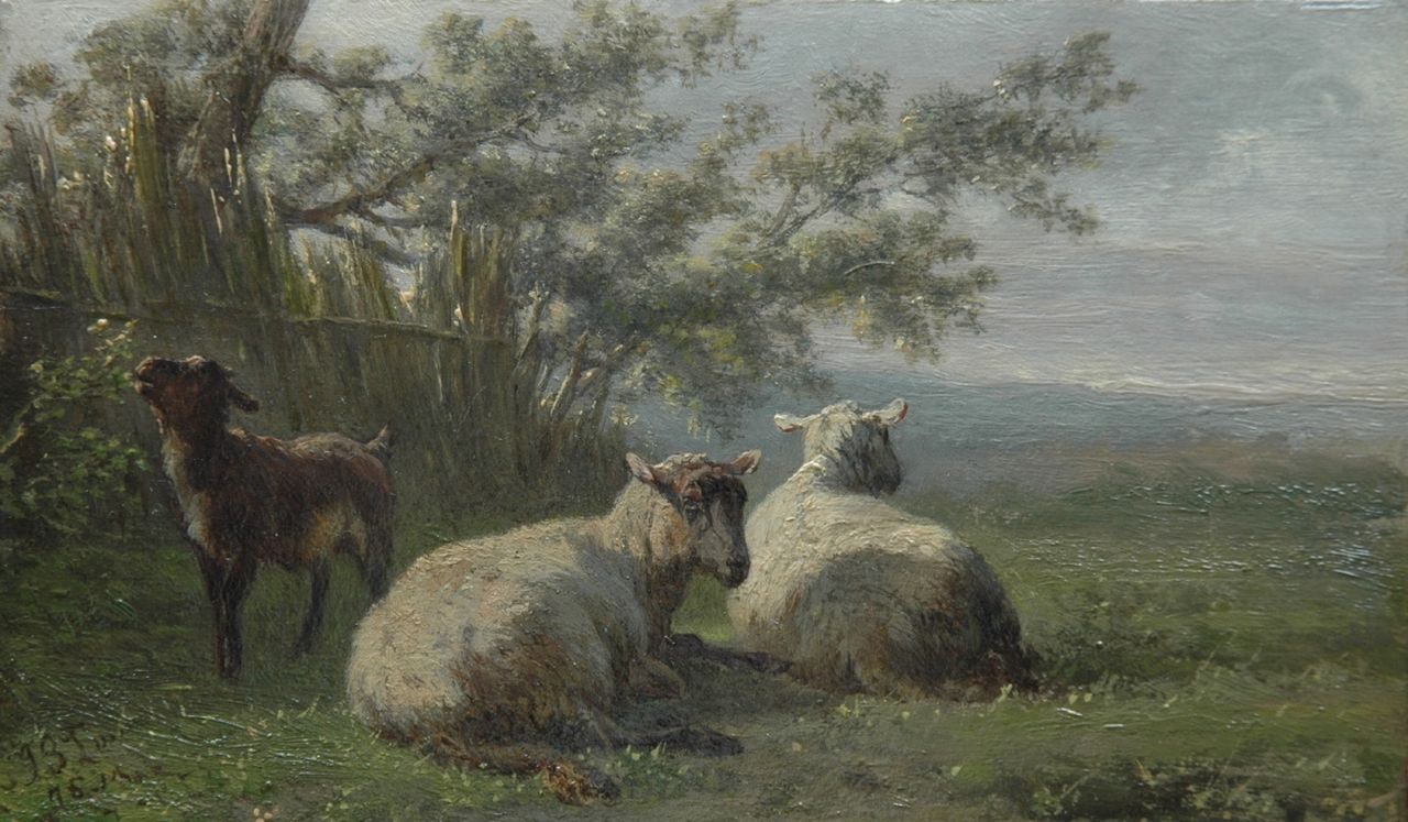 Tom J.B.  | Jan Bedijs Tom, Sheep and a goat in a meadow, Öl auf Holz 10,4 x 17,4 cm, signed l.l. und painted '75