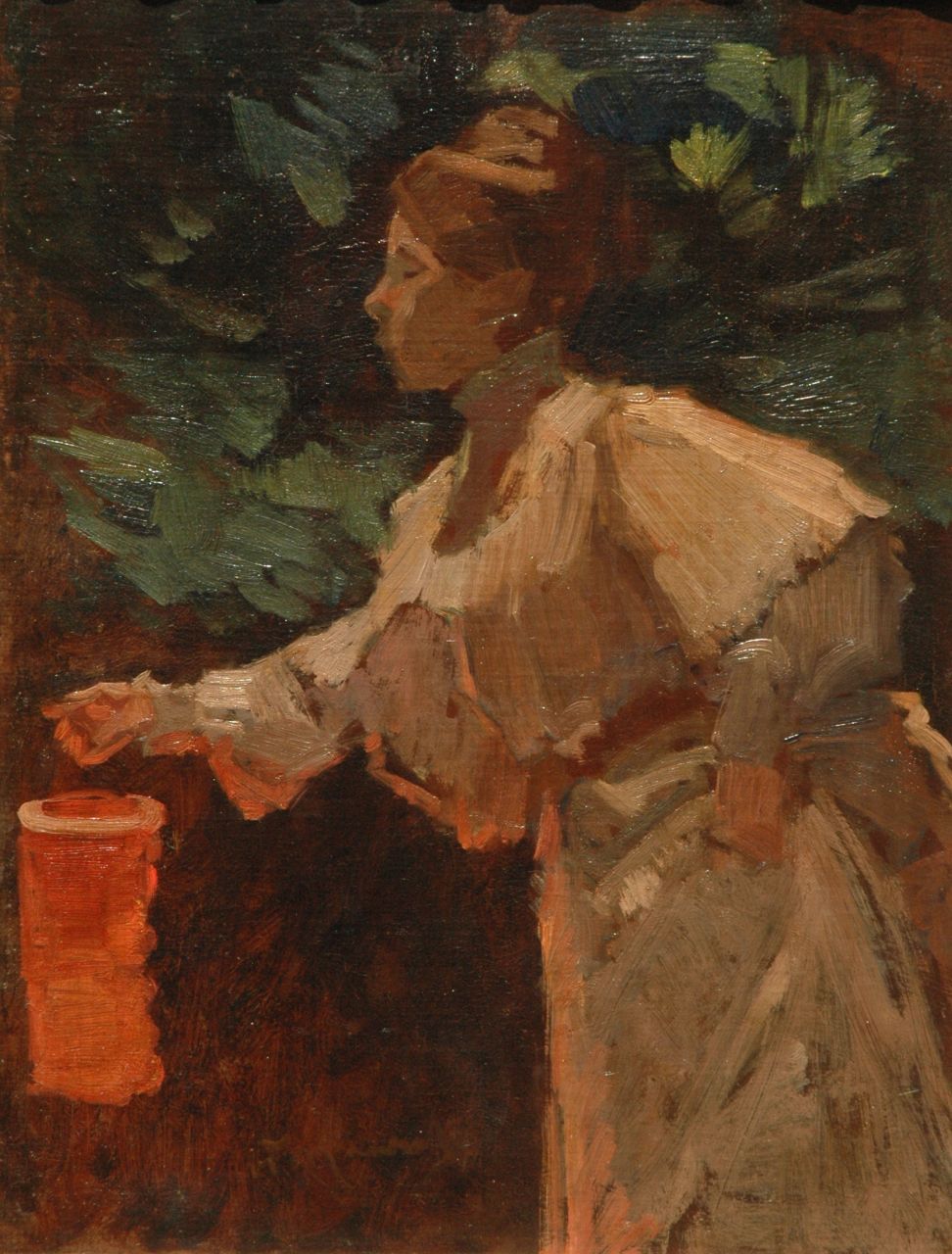 Maarel M. van der | Marinus van der Maarel, Woman with a Chinese lantern, Öl auf Leinwand auf Holz 40,5 x 31,3 cm, signed l.l.