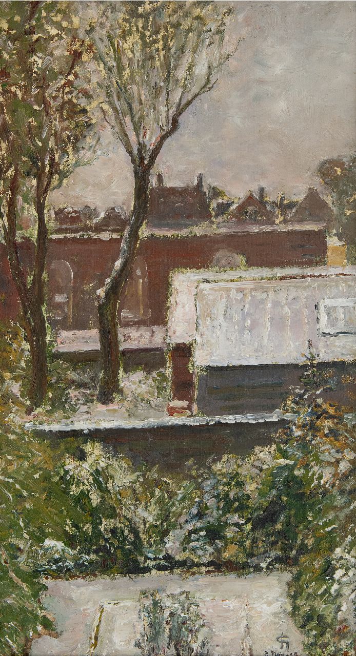 Storm van 's-Gravesande C.N.  | Carel Nicolaas Storm van 's-Gravesande | Gemälde zum Verkauf angeboten | Aussicht auf Gärten und Häuser, Öl auf Leinwand  auf Holzfaser 45,6 x 25,0 cm, Unterzeichnet r.u. mit Monogramm und datiert 3. Nov. 19 (1919)