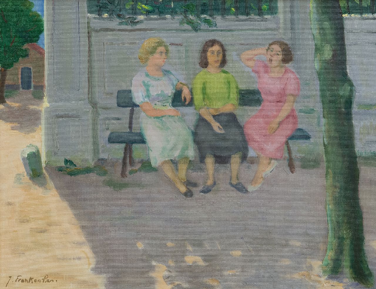 Jan Franken | Drei Frauen auf einer Bank, Öl auf Leinwand, 35,4 x 45,2 cm, Unterzeichnet l.u.