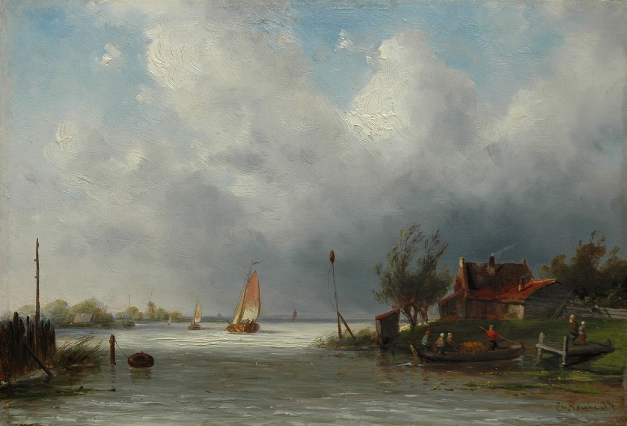 Leickert C.H.J.  | 'Charles' Henri Joseph Leickert, A river with ferry, Öl auf Holz 18,6 x 27,0 cm, signed l.r.