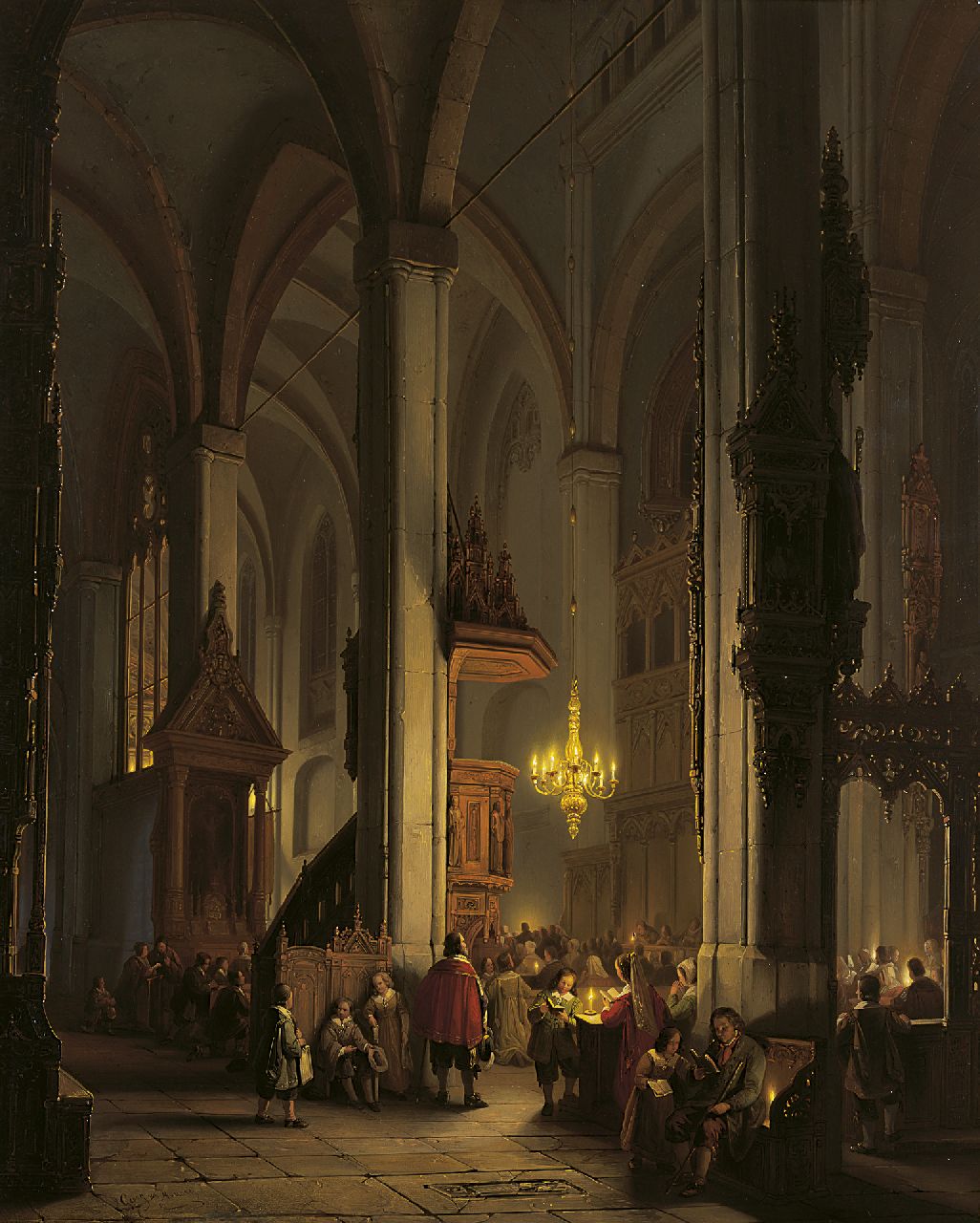 Haanen G.G.  | George Gillis Haanen, Evening Service in a Gothic Church, Öl auf Holz 74,9 x 60,2 cm, signed l.l.