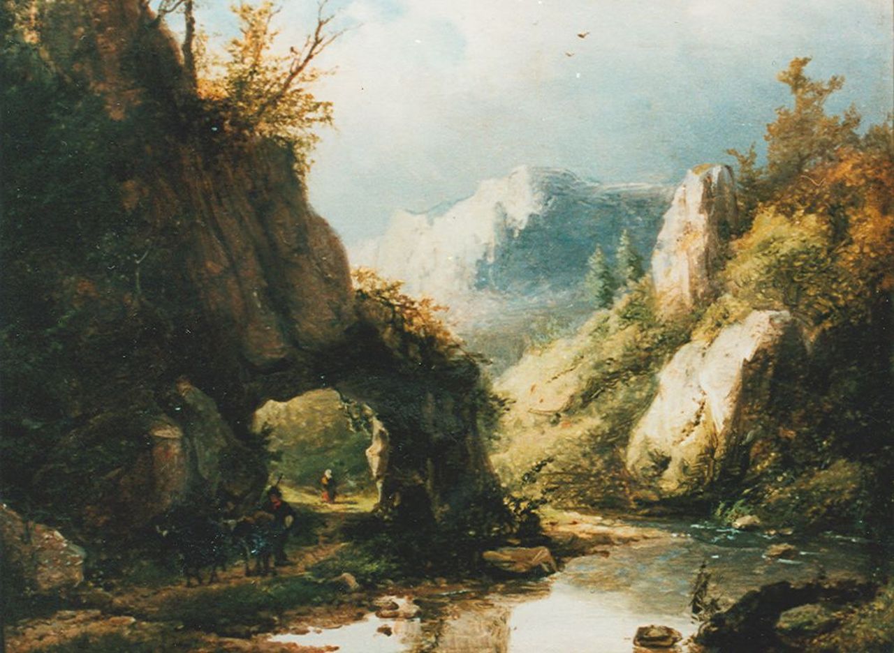 Klombeck J.B.  | Johann Bernard Klombeck, Travellers in a mountainous landscape, Öl auf Holz 16,2 x 19,9 cm, signed l.l.