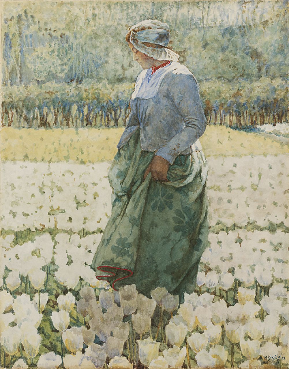 King A.G.  | Agnes Gardner King, Picking tulips, Aquarell auf Papier 47,4 x 37,3 cm, signed l.r. und dated '13