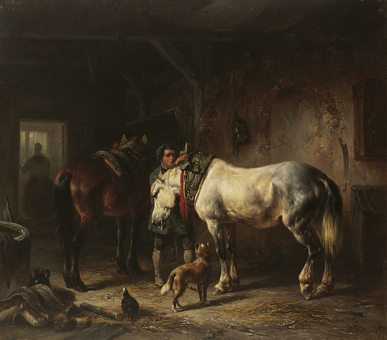 Verschuur W.  | Wouterus Verschuur, Saddling the horses, Öl auf Holz 29,6 x 34,0 cm, signed l.r.