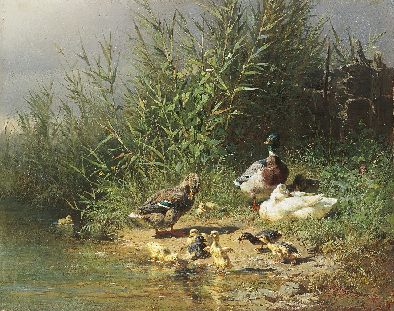Jutz C.  | Carl Jutz, Family of ducks on a river bank, Öl auf Malereifaser 22,8 x 29,0 cm, signed l.r. und dated 'München 1863'
