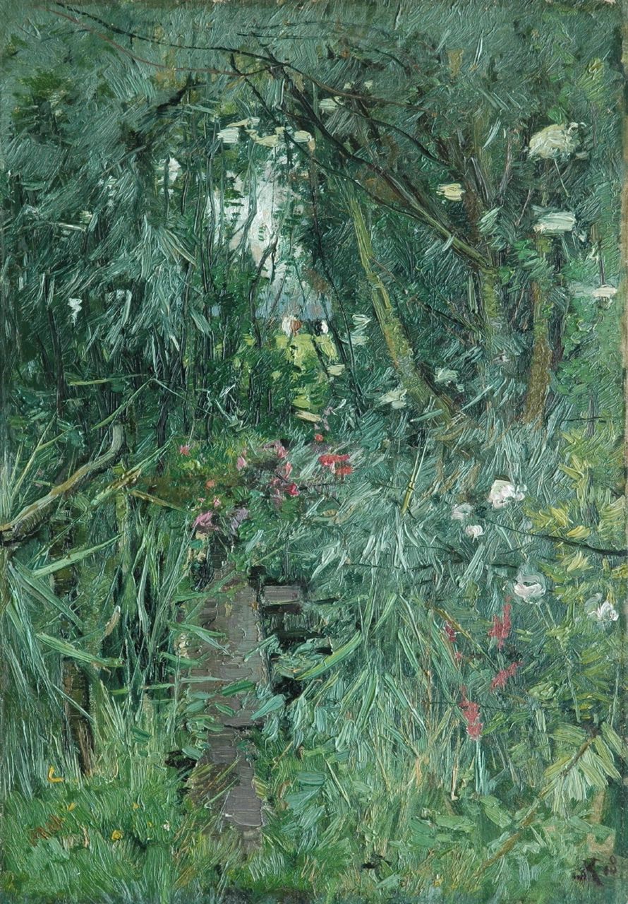 Kuijpers J.C.E.  | 'Johan' Cornelis Eliza Kuijpers, A wooded garden with vista, Öl auf Leinwand auf Holz 55,1 x 39,2 cm, signed l.r. with intial und dated '18