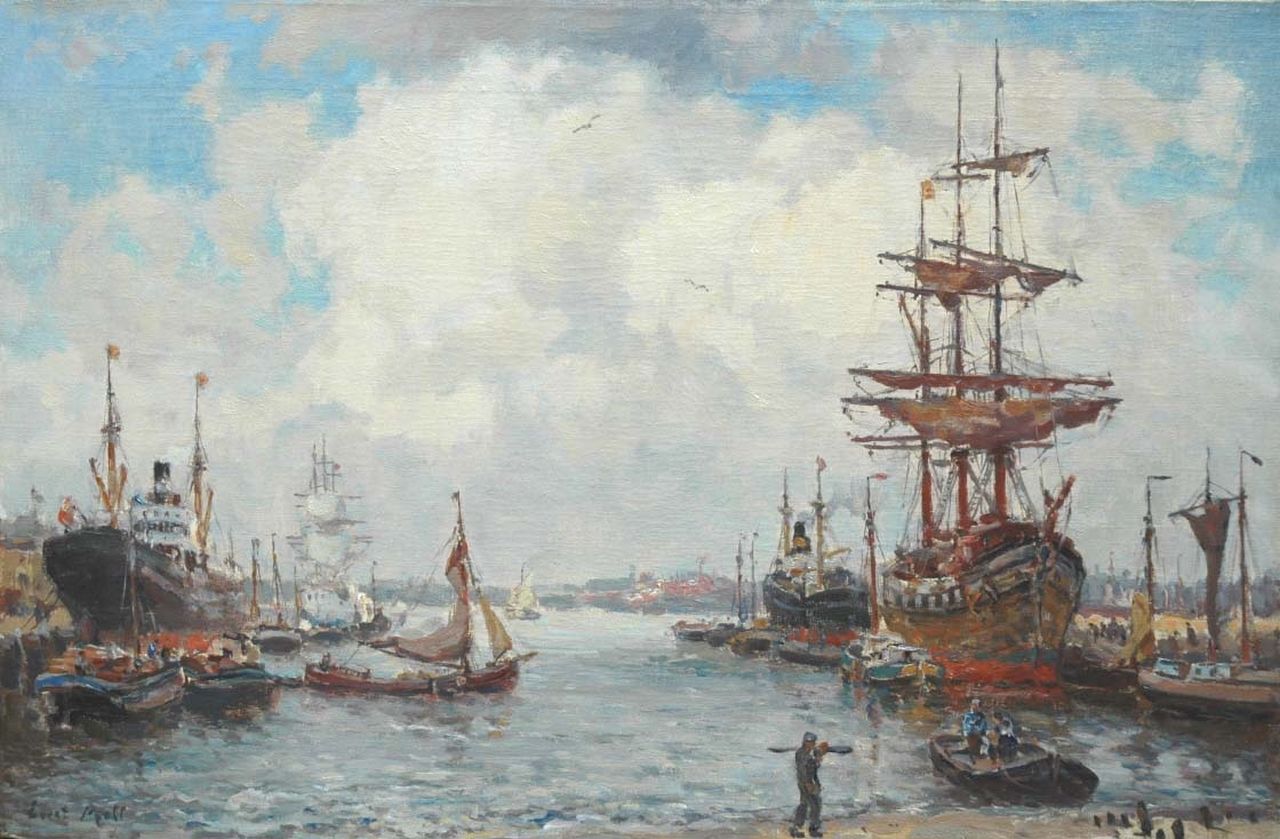 Moll E.  | Evert Moll, A harbour view with three-masters and steamers, Öl auf Leinwand 40,1 x 60,7 cm, signed l.l.