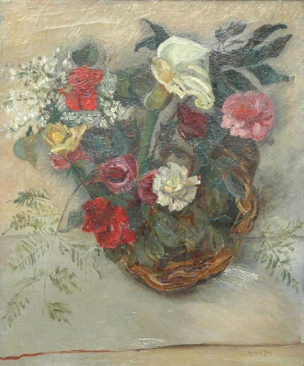 Jong G. de | Gerben 'Germ' de Jong, A basket with flowers, Öl auf Leinwand 61,3 x 51,8 cm, signed l.r.