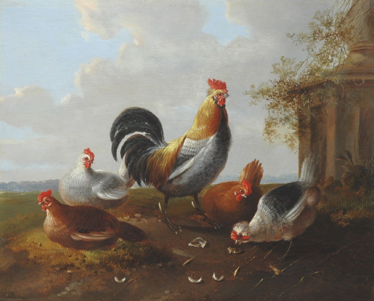 Verhoesen A.  | Albertus Verhoesen, A rooster and chickens, Öl auf Holz 22,4 x 27,8 cm, signed l.c.