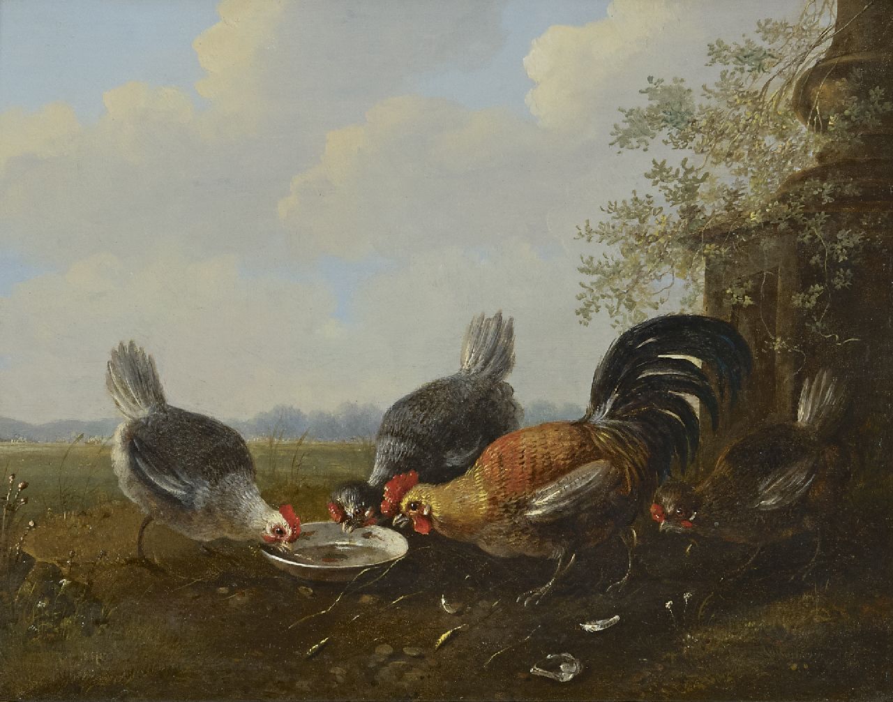 Verhoesen A.  | Albertus Verhoesen | Gemälde zum Verkauf angeboten | Vier Zierhühner, Öl auf Holz 22,4 x 27,8 cm