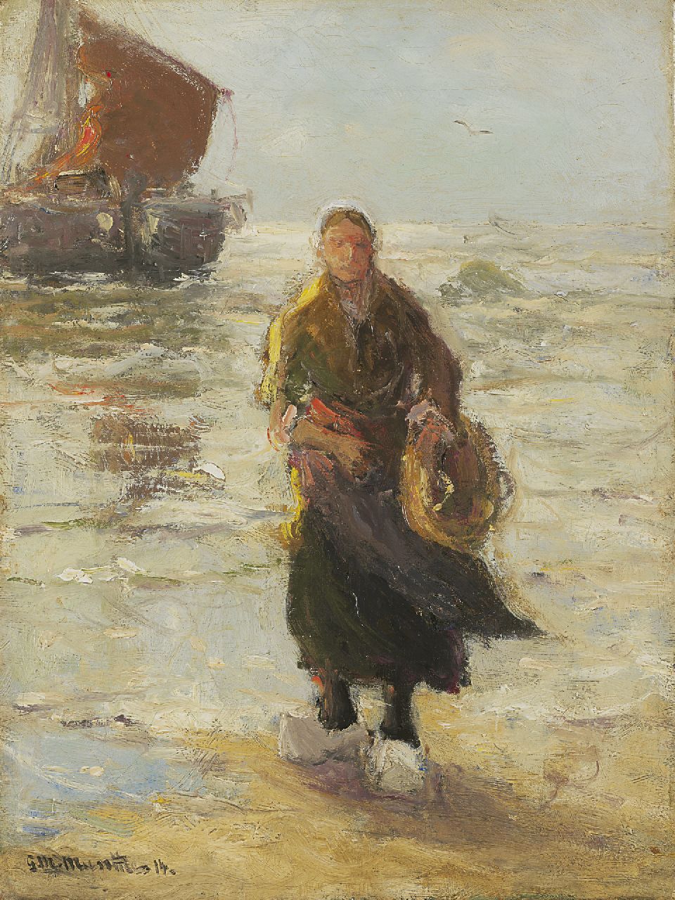 Munthe G.A.L.  | Gerhard Arij Ludwig 'Morgenstjerne' Munthe, A fish seller on the beach of Katwijk, Öl auf Leinwand 40,3 x 30,3 cm, signed l.l. und dated '14