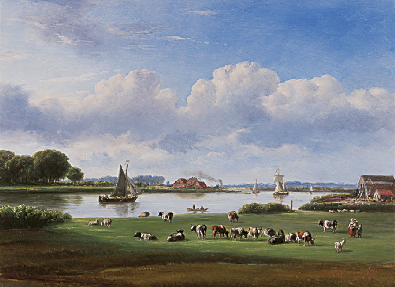 Ravenswaay J. van | Jan van Ravenswaay, Cattle in a extensive river landscape, Öl auf Holz 29,3 x 39,8 cm, signed l.r. und dated 1861