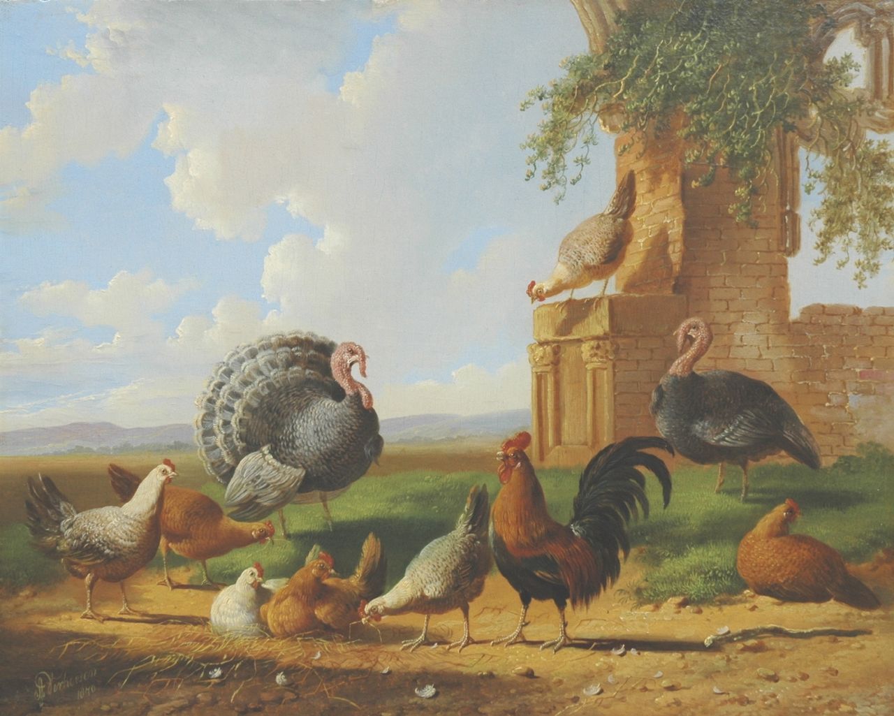 Verhoesen A.  | Albertus Verhoesen, Truthühner und Federvieh in einer Landschaft, Öl auf Holz 30,5 x 37,6 cm, Unterzeichnet l.u. und datiert 1870