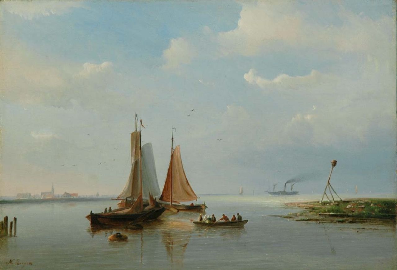 Riegen N.  | Nicolaas Riegen, Three fishing boats at anchor by the harbour entrance, Öl auf Holz 29,2 x 42,2 cm, signed l.l.
