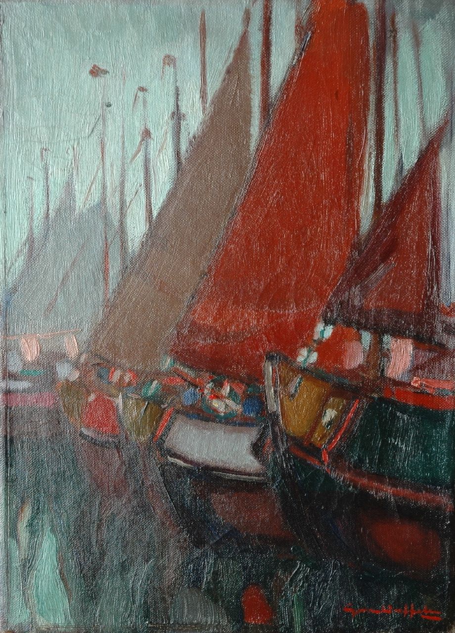 Duffelen G. van | Gerrit van Duffelen, Moored fishing boats in an IJsselmeer harbour, Öl auf Leinwand 40,2 x 29,3 cm, signed l.r.