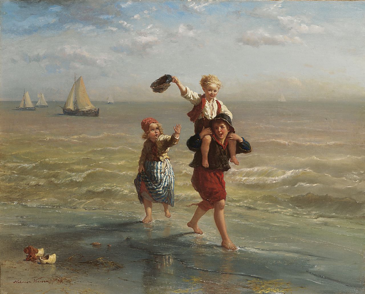 Verveer E.L.  | 'Elchanon' Leonardus Verveer, Children playing in the surf, Öl auf Leinwand 60,2 x 75,2 cm, signed l.l. und dated '63